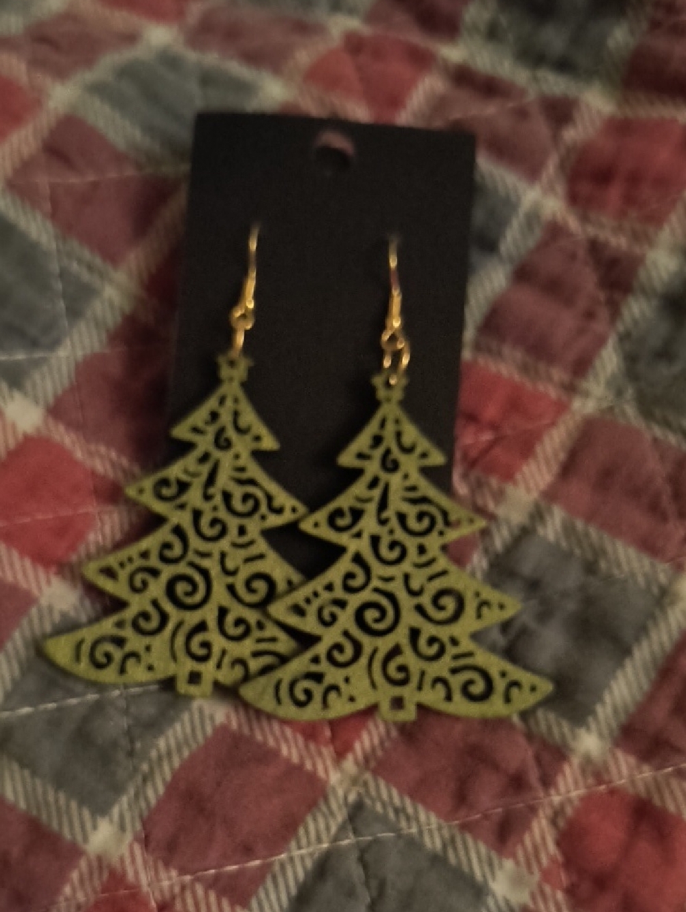 Green Filigree Christmas Tree Dangle Earrings